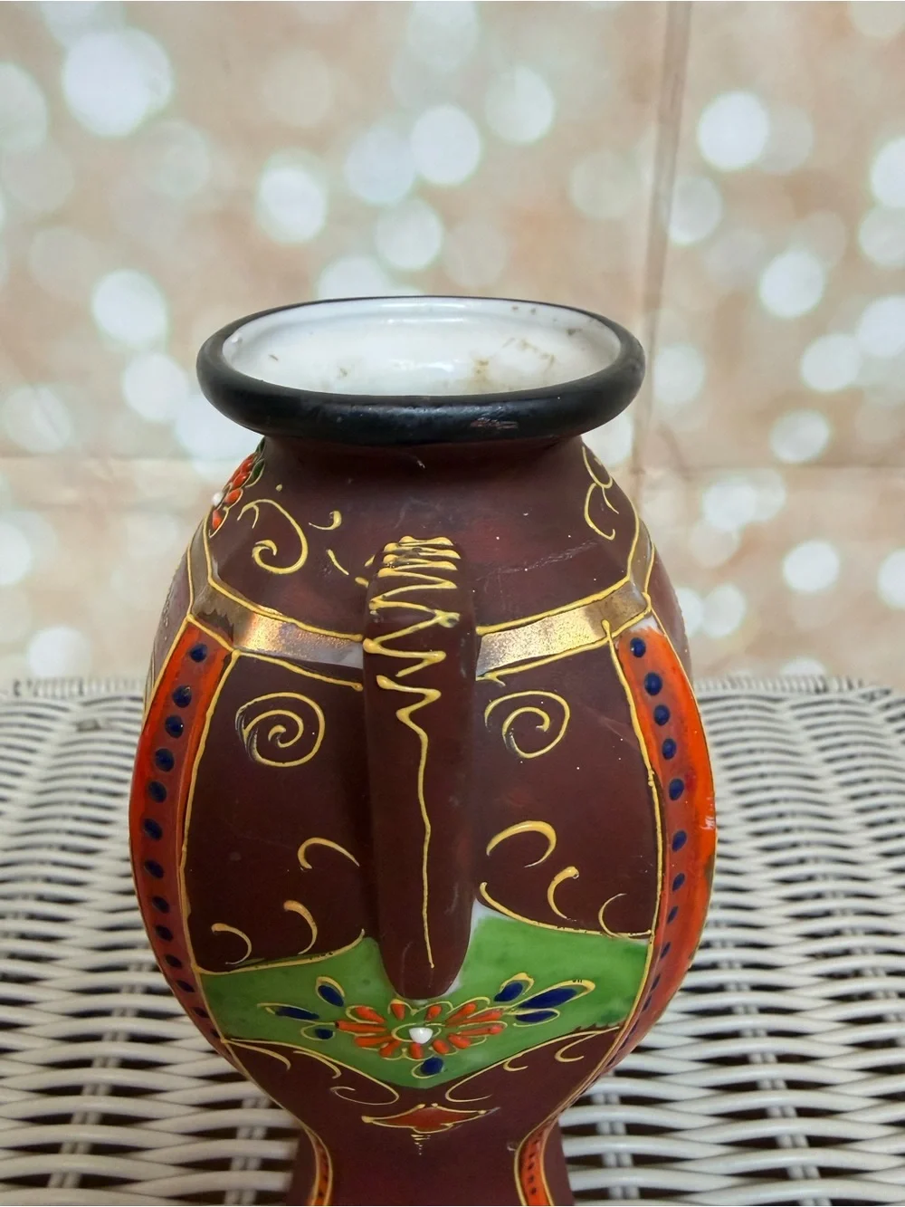 Vintage Japanese Kutani Satsuma Moriage Art Nouveau Handled Vase  Japan 6.25